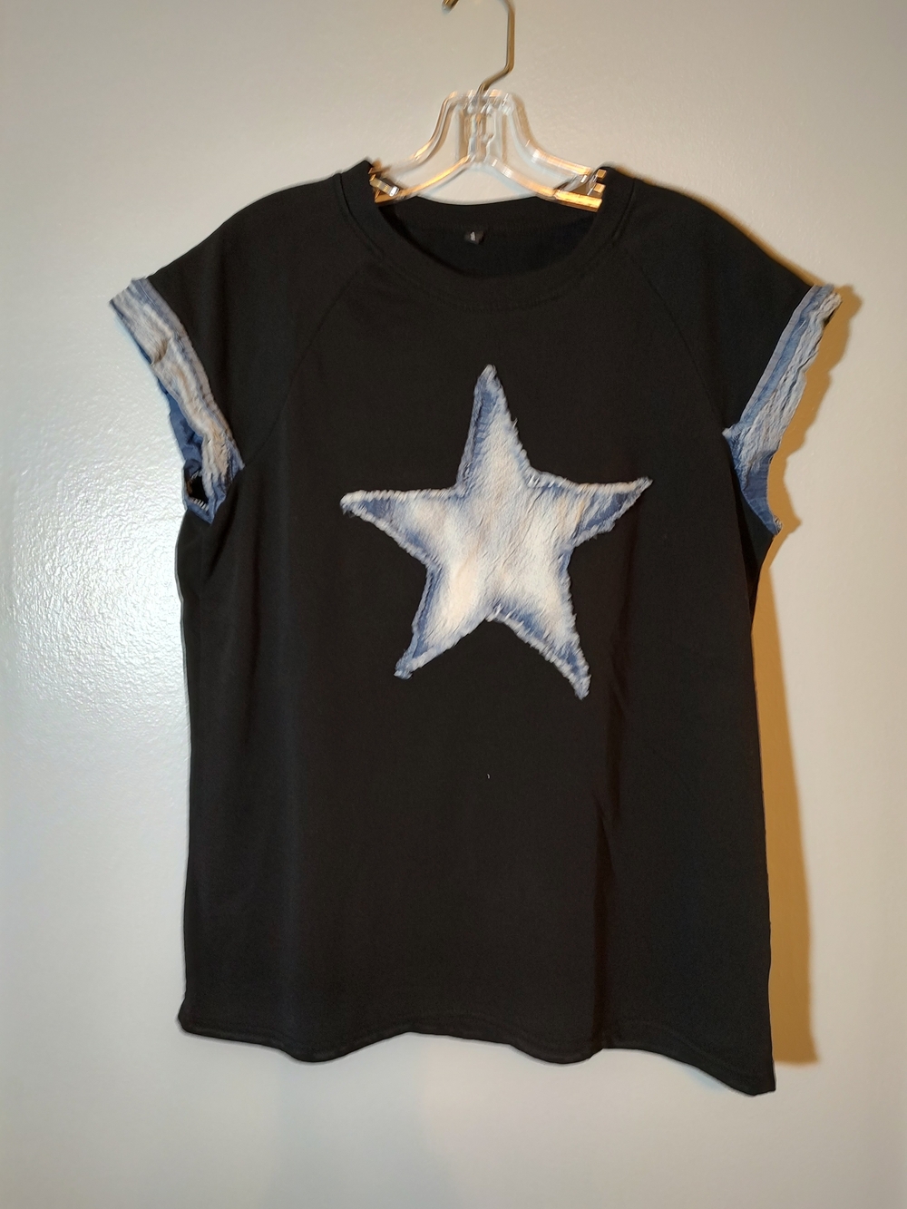 Kids Black Star Graphic Tee with Denim Accent